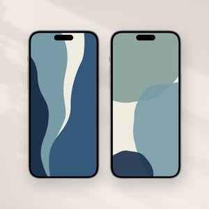ブルーターコイズオーガニックシェイプのスマホ壁紙2枚セット、抽象ミニマリストアート、パティーナブルートレンド、デジタルダウンロード4K