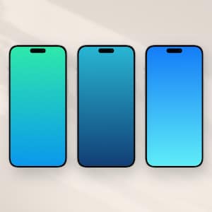 Può includere: Tre smartphone con schermi sfumati blu e verdi. Ogni telefono ha un bordo nero e un notch nero nella parte superiore. Gli schermi passano da tonalità chiare a scure di blu e verde.