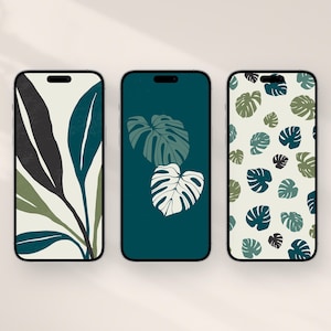 Juego de 3 fondos de pantalla para teléfono con helecho monstera verde turquesa, diseño botánico minimalista abstracto, descarga digital