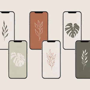 Botanical Phone Wallpaper, Minimalist Leaves Phone Background, iPhone Wallpaper Digital Download, Set of 6