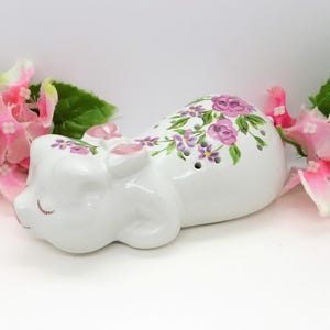 May include: A white ceramic pig-shaped salt and pepper shaker set. The pig is decorated with pink and purple floral designs. Pink flowers and green leaves surround the shaker on a white surface.