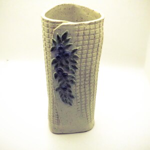 Vintage Vase Speckled Art Pottery Folded Wrapped Technique, Signed, Blueberry Sprig, Quilted Pattern 8.25” tall, Quebec Canada
