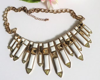 Statement necklace White and gold tone vintage bib necklace Spiked Geometric Punk Tribal pointed necklace