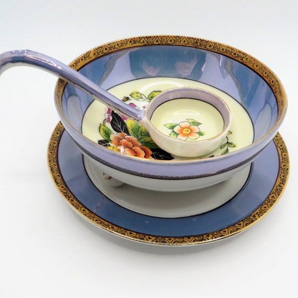 Noritake Morimura lustre condiment bowl 3 pièces ensemble Peint à la main au Japon Design floral Garniture bleue Petit bol à pieds