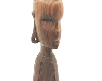 Vintage Hand Carved Wood Sculpture, African Woman Bust, Hand carved Tribal Folk Art 9" tall