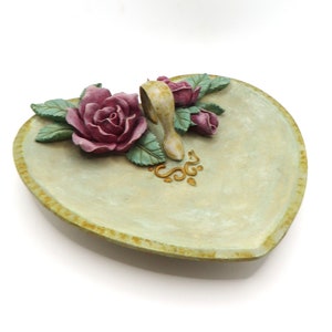Vintage Heart Trinket Dish, Betty Singer for Cherison, "Victorian Rose", Jewelry Holder, Vanity tray