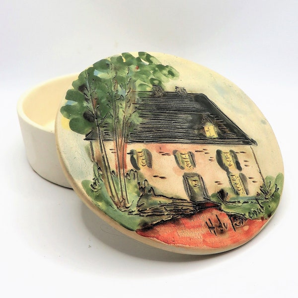 Vintage Hubert du Roscoat Trinket box with lid Hand painted pottery Quebec Canada artisan Unique one of a kind OOAK Collectible