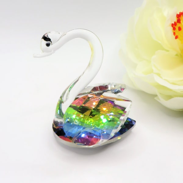 Crystal swan figurine Small miniature vintage art glass bird Iridescent rainbow sparkle 2.5 “ high 2” long Collectible swan ornament