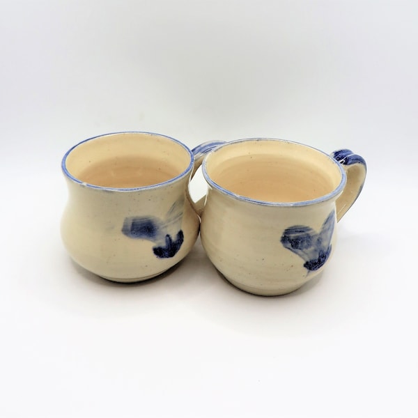 Studio art pottery mugs Set of 2 Blue and cream colored Signed by artist Unique OOAK one of a kind Hand thrown Applied handle