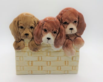 Vintage puppy dog planter, Dog biscuit holder, Desk catch all, 1989 signed Giftcraft ceramic container, Spaniels in basket