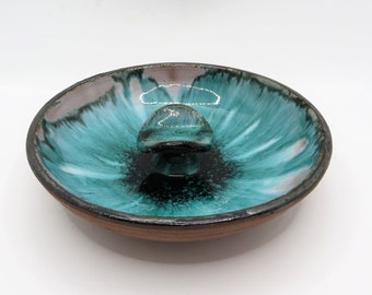 Vintage Studio Art Pottery Ashtray Trinket Dish: Green Lavender Drip Glaze, Signed