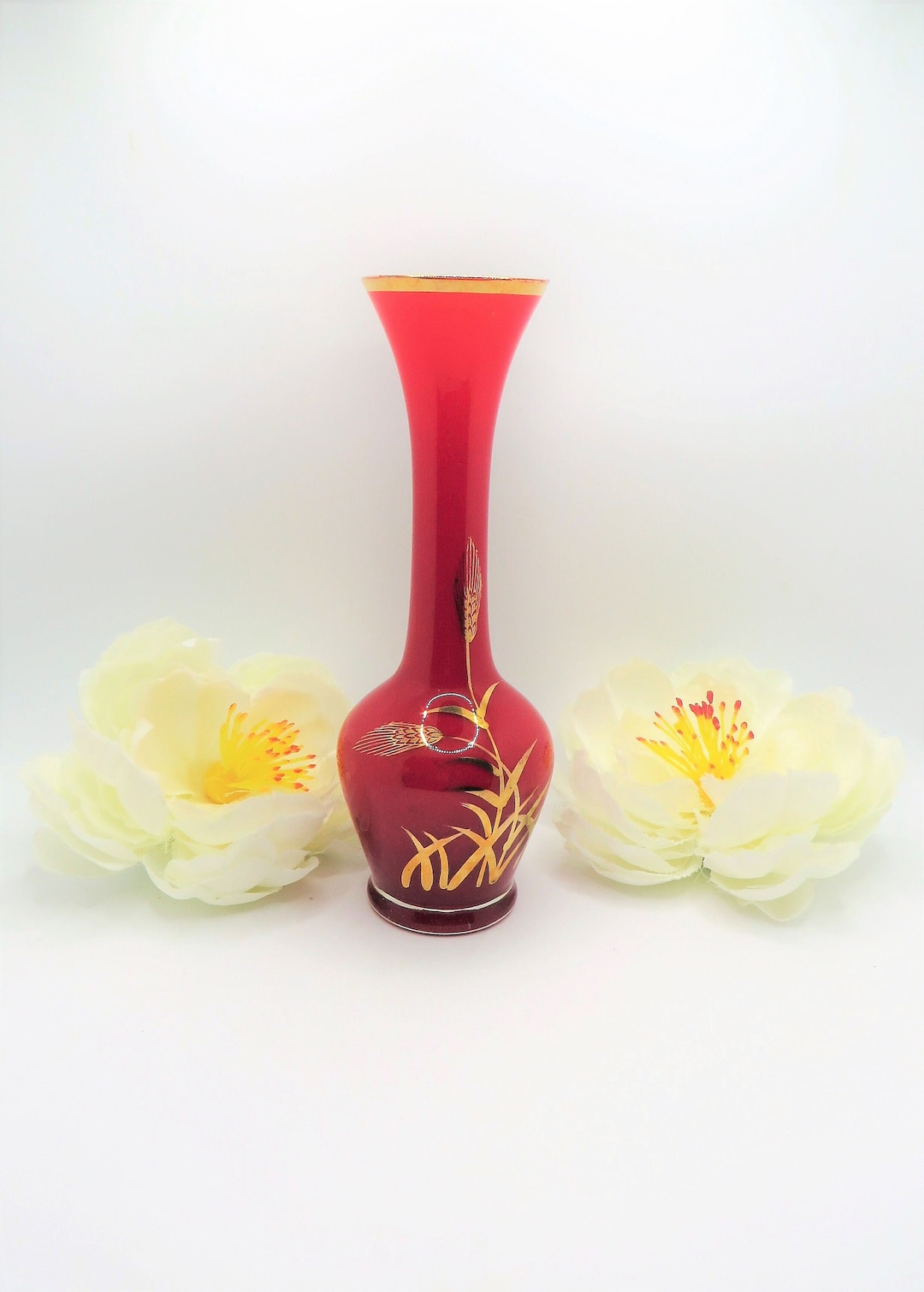 Vintage Red Glass Bud Vase White Casing Glass Gold Colored Gilding 8