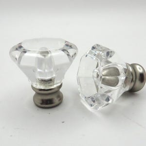 Pair of Vintage clear acrylic drawer pulls, Small round octagonal faceted knobs