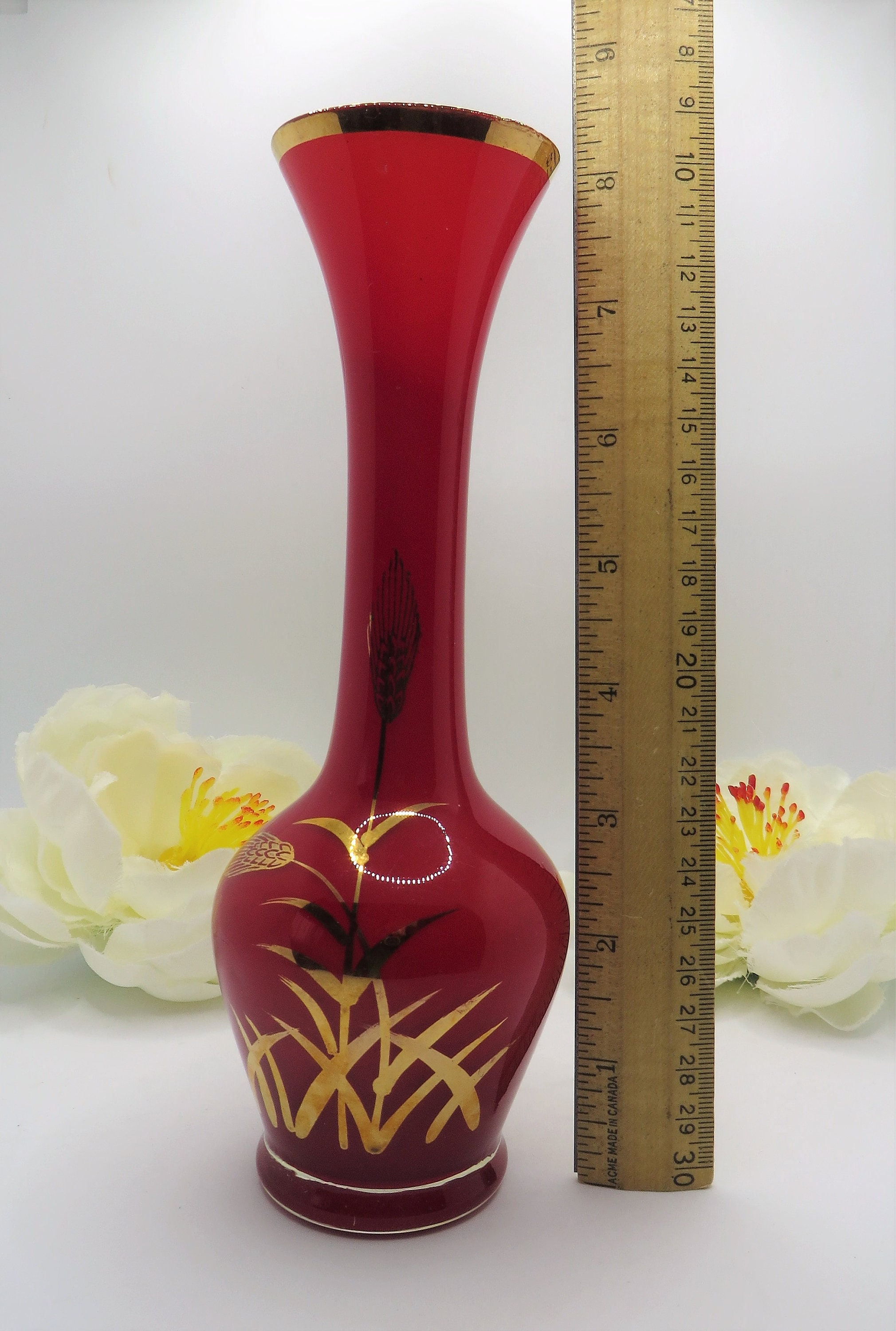 Vintage Red Glass Bud Vase White Casing Glass Gold Colored Etsy