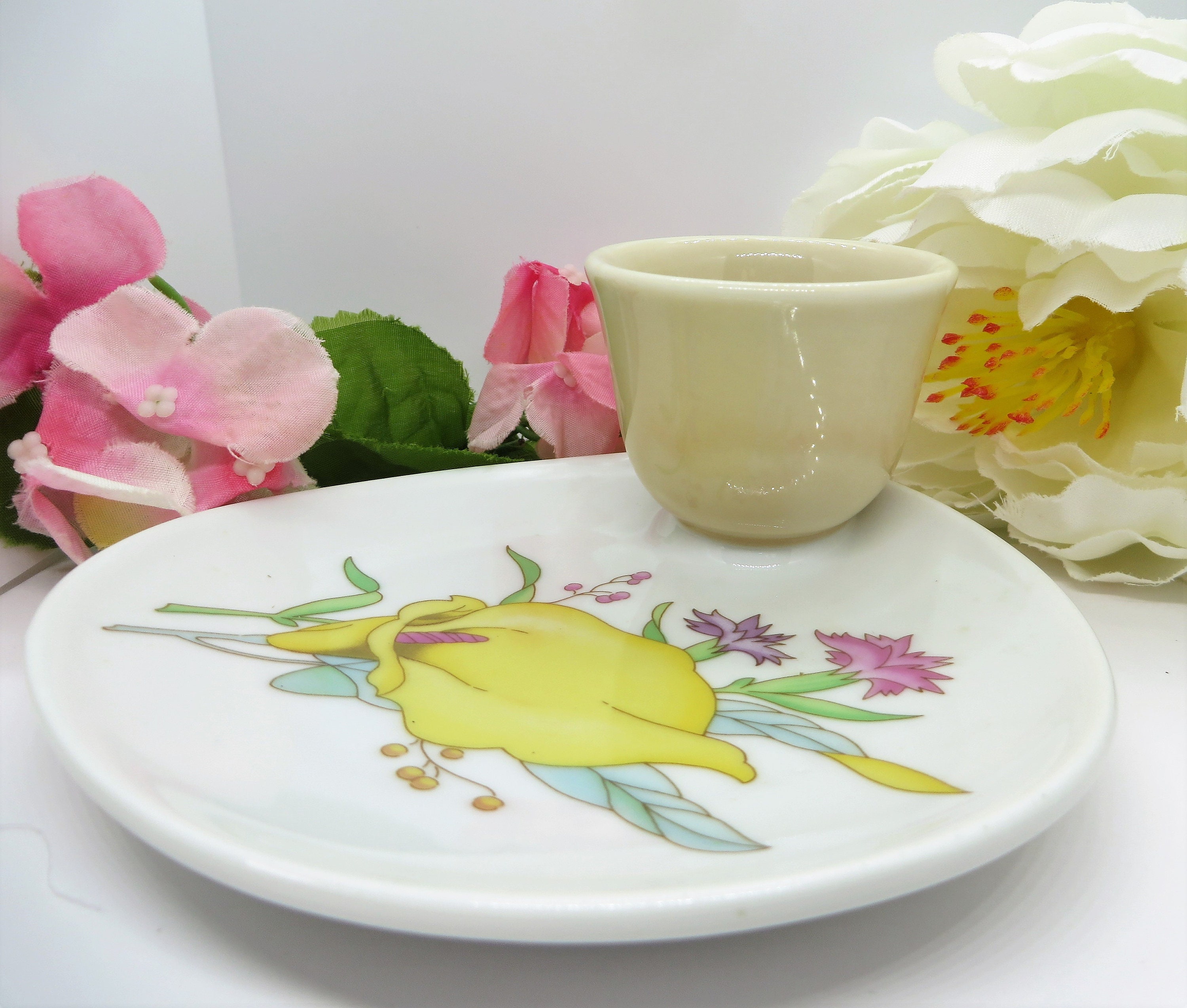 Egg cup with attached saucer Made in Japan floral plate with Etsy