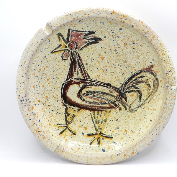 Vintage Alfaraz studio art pottery ashtray Hand painted rooster or chicken design Mid Century Modern Spanish pottery 8 inch across