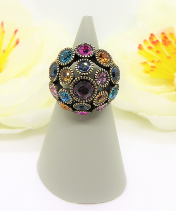 Vintage statement ring, Multicolored crystals on … - image 5