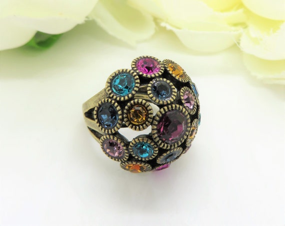 Vintage statement ring, Multicolored crystals on … - image 3