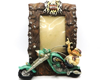 Motorcycle photo frame Unique novelty vintage cartoon figure of biker with American eagle Gift for him Hold 4.5 inch by 3.25 picture