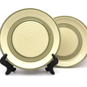 Peut inclure: Deux assiettes en céramique avec un motif en spirale vert et blanc. Les assiettes sont sur un support noir.