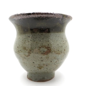 Vintage signed studio art pottery pot vase, Specked gray and brown with olive green drip glaze