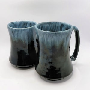 Quebec art pottery mugs Set of 2 Turquoise green drip glaze Large coffee mug Small stein OOAK one of a kind Numbered