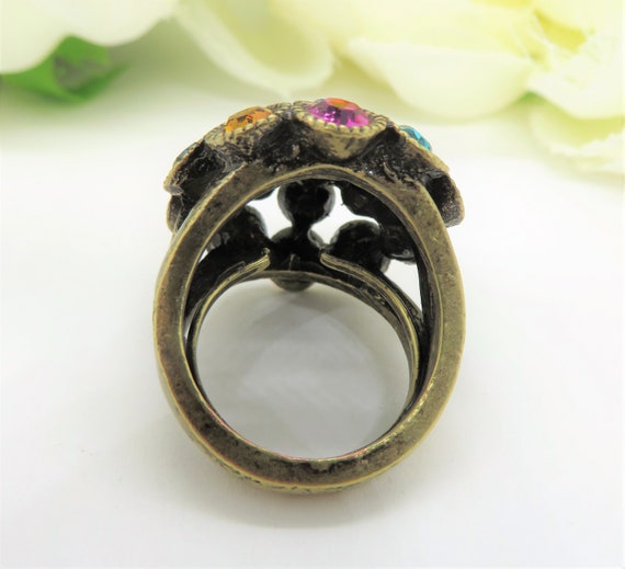 Vintage statement ring, Multicolored crystals on … - image 6