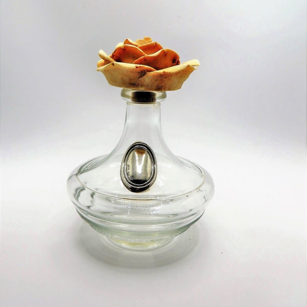 Vintage perfume vanity bottle 925 sterling silver oval inset European glass Eau de Cologne bottle  Molded glass