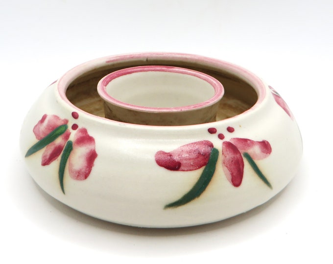 Unique vintage flower vase Pansy ring Hand painted floral design Signed ceramic 4.5 inch Low profile Cottage décor