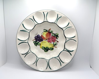Vintage deviled eggs plate platter bowl Hand Made in Japan Hand painted fruit design Holds 12 with serving bowl center