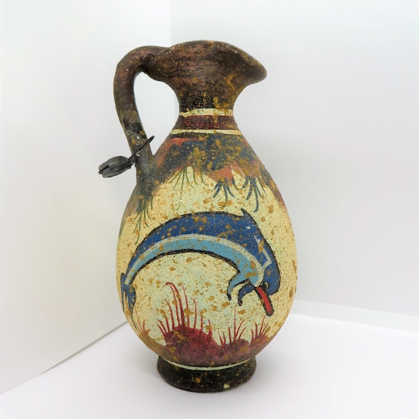 Greek pitcher hand painted with dolphins Handmade ceramics Replica of ancient Greece Minoan style jug, Decorative collectible rustic 5.5”