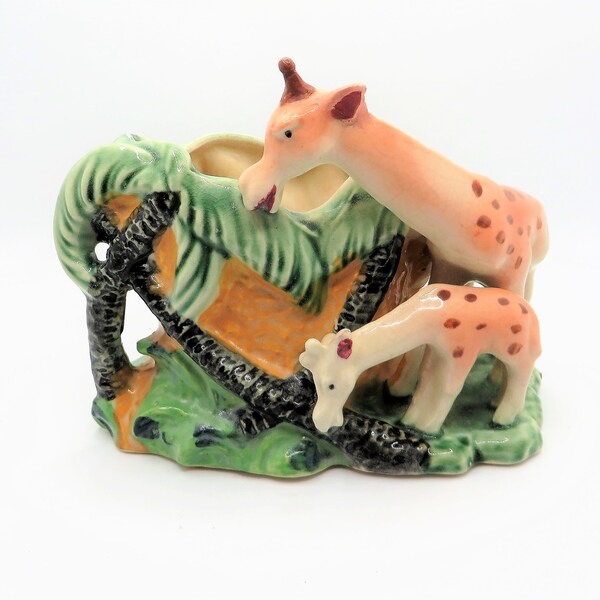 Unique Florart vintage planter, Giraffe mother and baby, Safari animals, Hand painted jungle scene, Plant holder vase, Cute kitsch