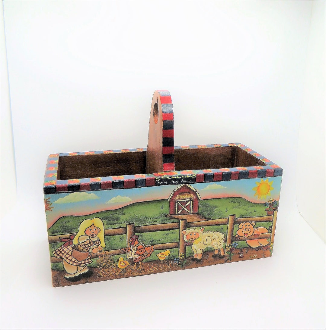 Wooden Box Basket Hand Painted Cottage Core Farmhouse Etsy