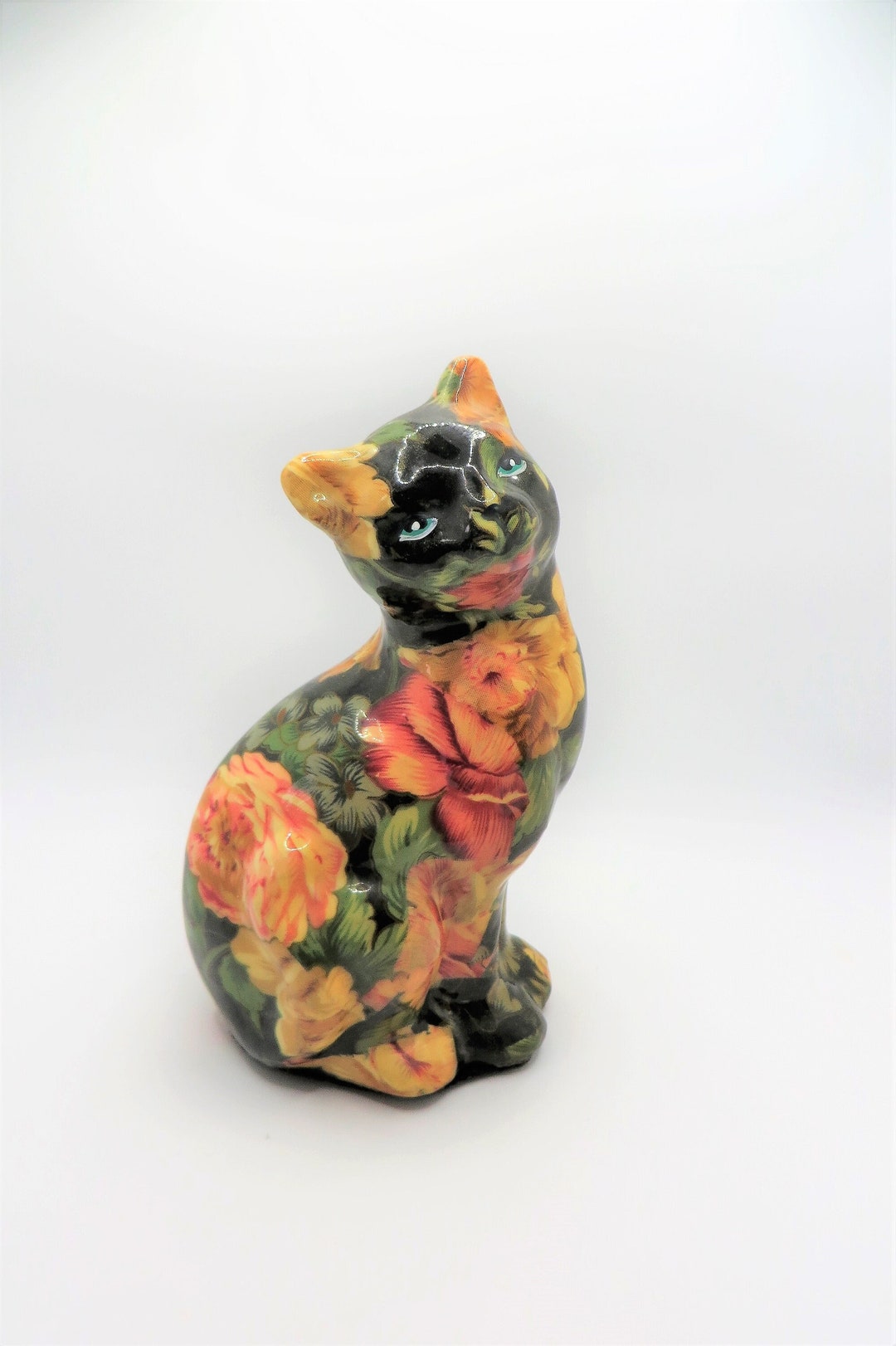 Decoupage Cat Figurine Chintzy Fabric on Glazed Ceramic Sitting Pretty