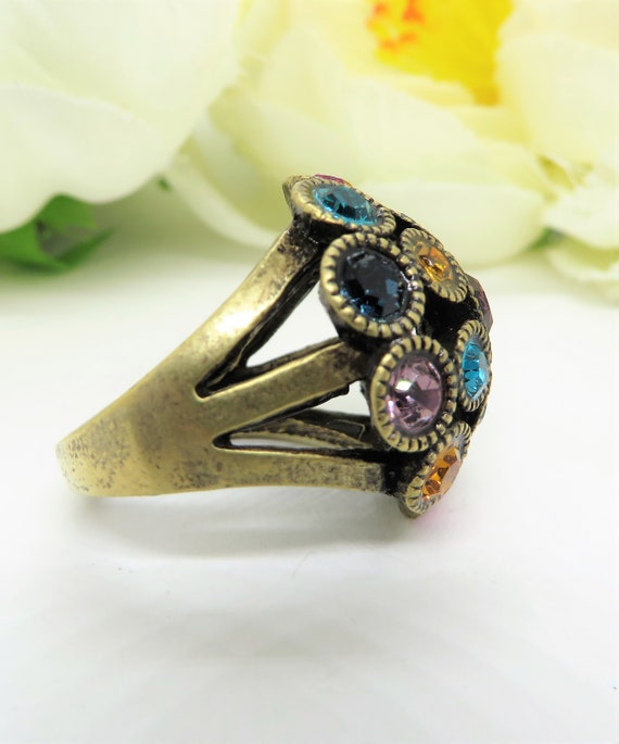 Vintage statement ring, Multicolored crystals on … - image 2