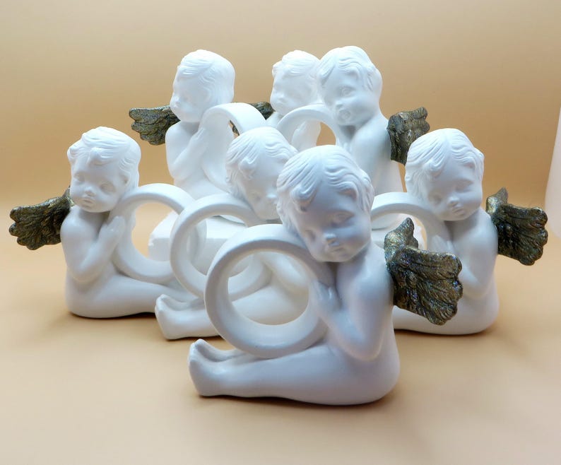 Vintage ceramic napkin rings Set of 7 Angels Iridescent wings Dining table decoration