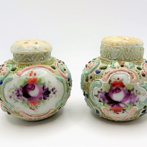 Pair of antique or vintage sugar shakers, Moriage and floral design, Unique decorative collectible individual shakers, Hand painted