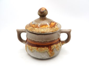 Lidded sugar bowl Laurentian art pottery Tundra pattern Drip lava Canadian handmade sugar container pot