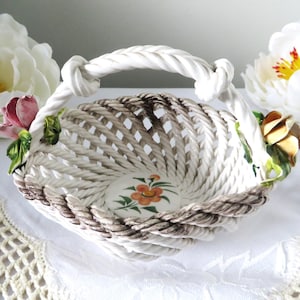 Vintage Bassano Italy Ceramic Basket, Woven Weave Capodimonte Applied Roses