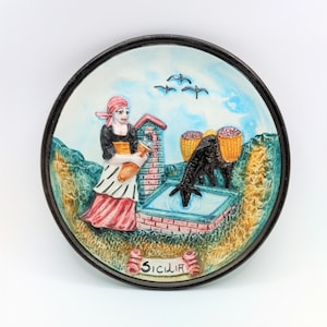 Vintage wall plaque Handmade hand painted decorative plate marked Sicilia Souvenir of Italy Raised motif Country side farm scene 6.25 Inch
