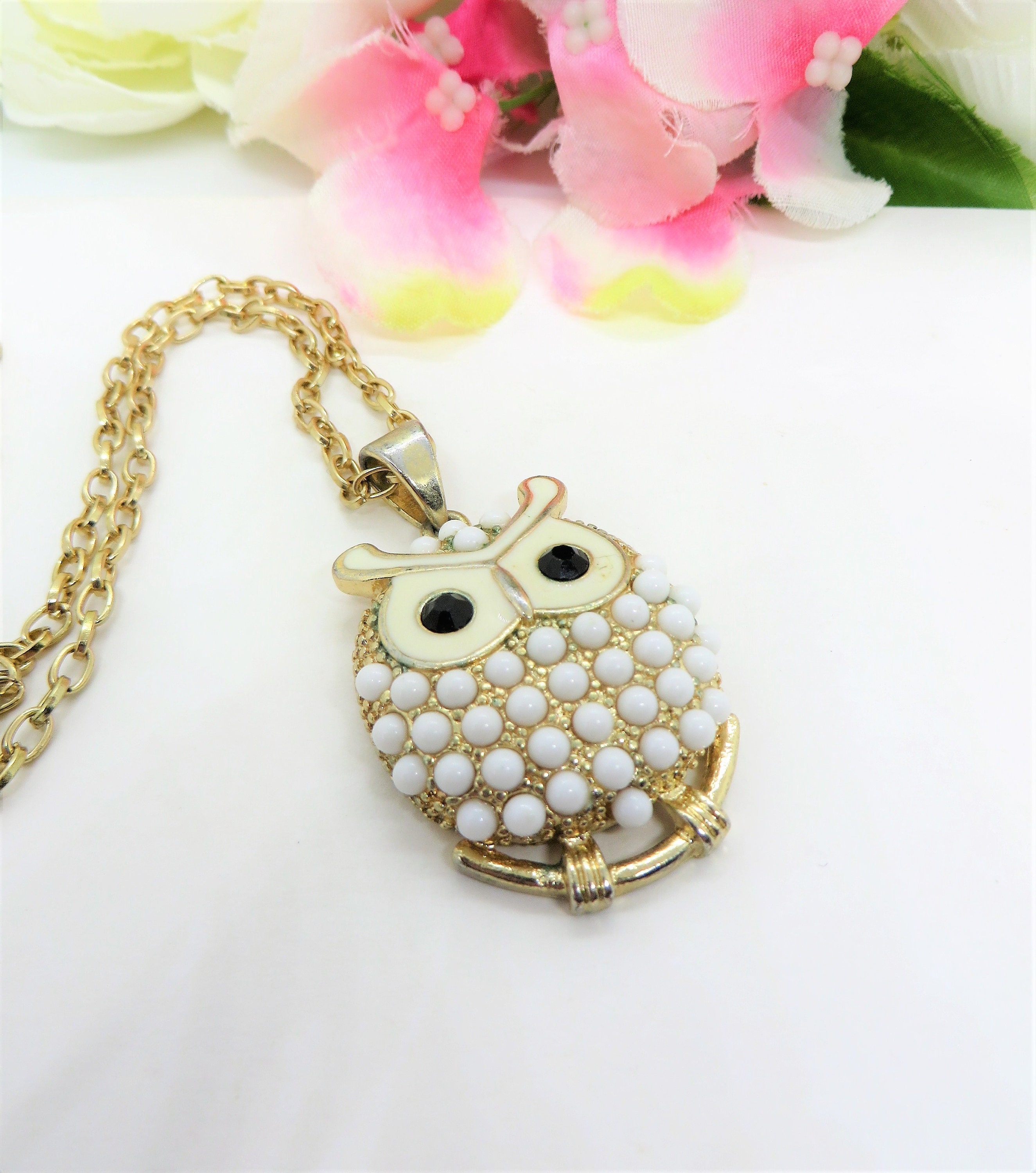 White owl necklace Enamel painted bird pendant Cute wise owl Teen gift Vintage bird jewelry Gift for