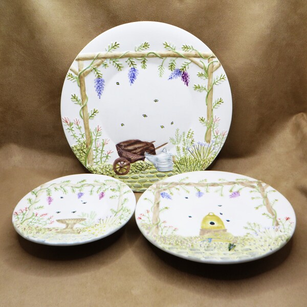 Diane Knott Set of 3 hand painted trinket decorative dishes Footed mini plates Unique OOAK Whimsical cottage collectibles Gardeners gift