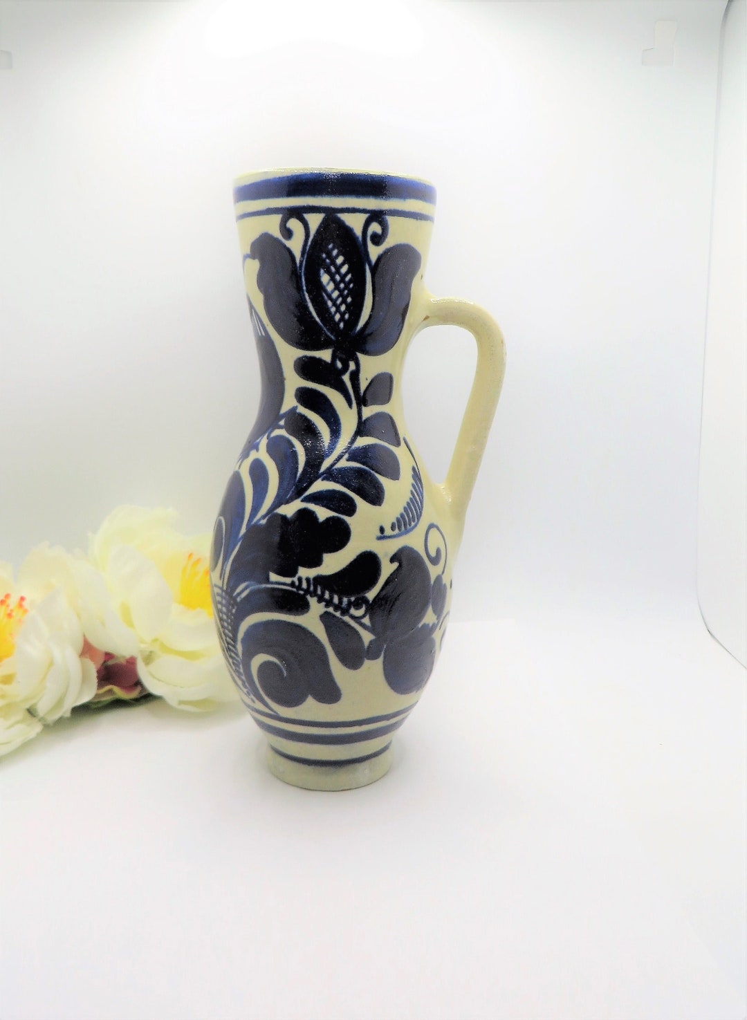 Ceramic Red Clay Vase Jug Ink Blue or Dark Cobalt Blue and Beige 9 Tall