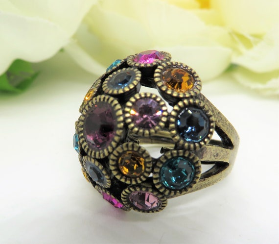 Vintage statement ring, Multicolored crystals on … - image 4