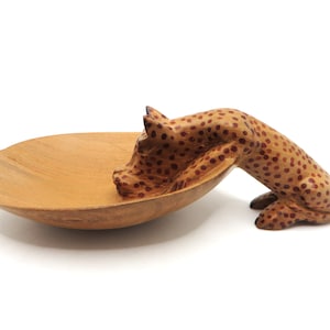 Carved wooden trinket bowl Leopard drinking Ethnic tribal African style Small nut dish Hand carved from one piece