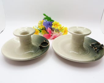 Set of 2 Jean Tremblay Art Pottery Vintage Candle Holders, Applied saucer, Signed Grape Design