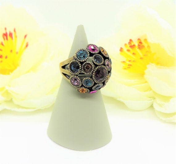 Vintage statement ring, Multicolored crystals on … - image 1