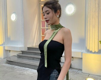 Long silk velvet skinny scarf - fern velvet