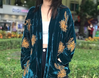 Silk Velvet Kimono With Pocket, Hand Embroidery Kimono