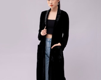 Long Mulberry Silk Velvet Duster, Black Long Cardigan Coat with Pockets, Velvet Duster Coat, Women Velvet Coat Long Sleeve Duster